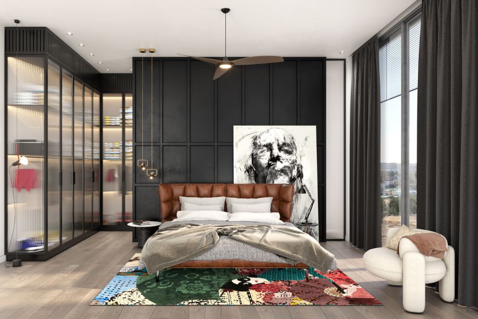 חדר שינה עם קיר שחור