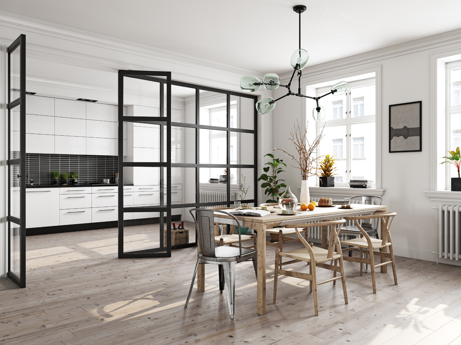 מטבח סגור, מופרד באמצעות דלתות זכוכית