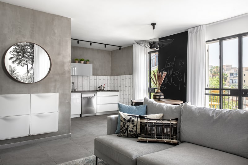 סלון ומטבח בגוון בטון
