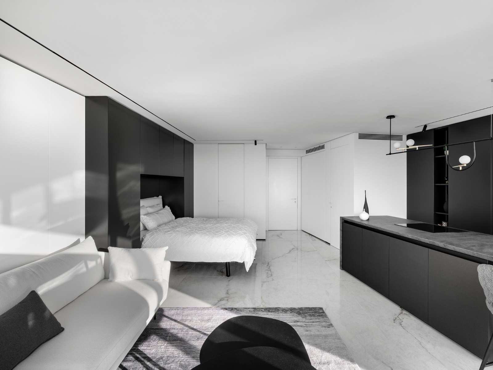 חדר השינה בחלל אחד עם הסלון והמטבח