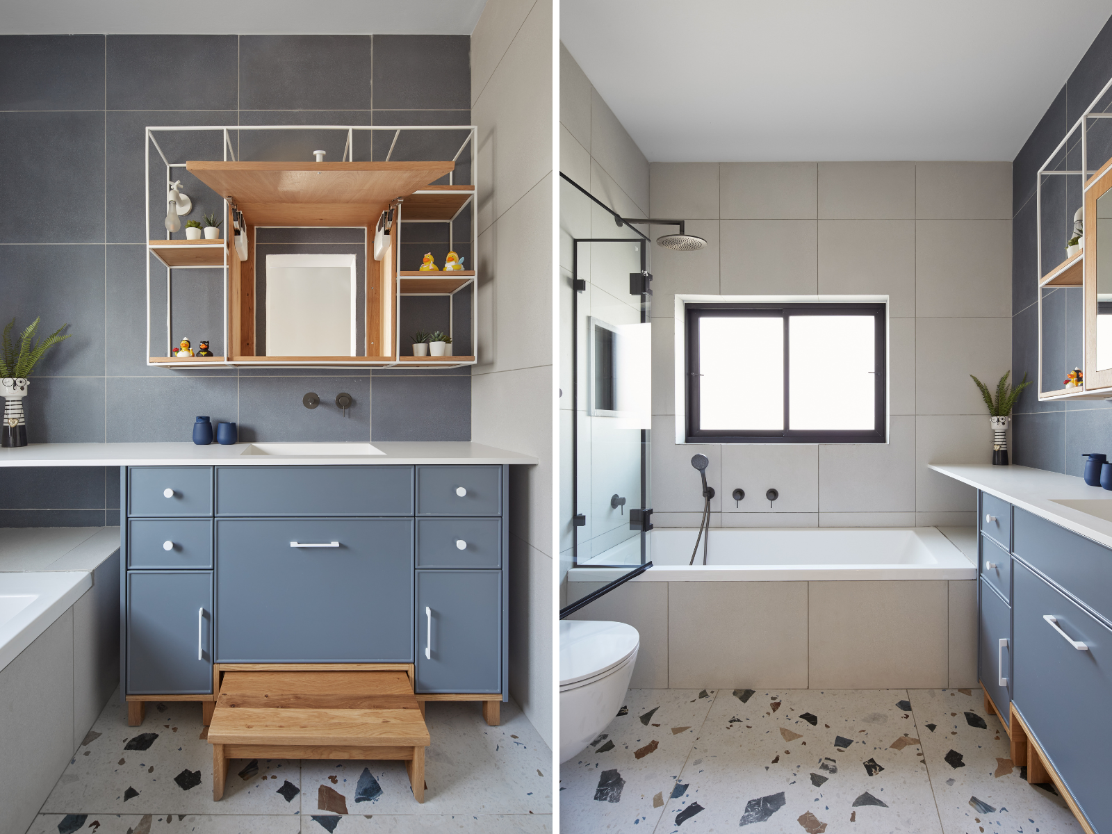 חדרי הרחצה רוצפו החיפוי בדוגמת טרצו, בגווני הבית