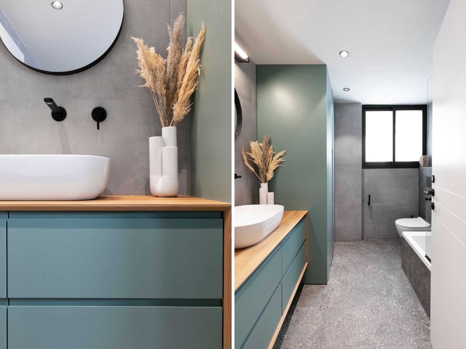 חדר רחצה באפור בהיר עם נגיעות רכות של צבע