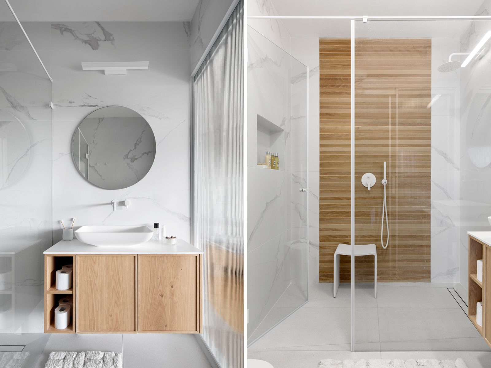 חדר רחצה במראה חמים, נקי ומינימליסטי