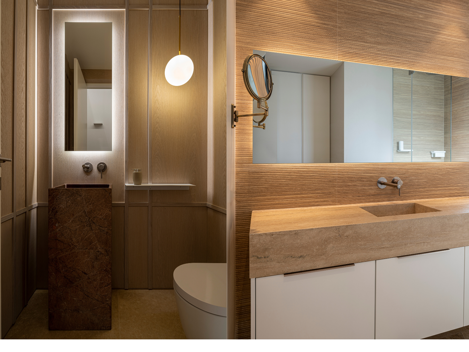 מימין חדרי רחצה הפרטיים של הדיירים משמאל שירותי האורחים חדרי רחצה בדירה