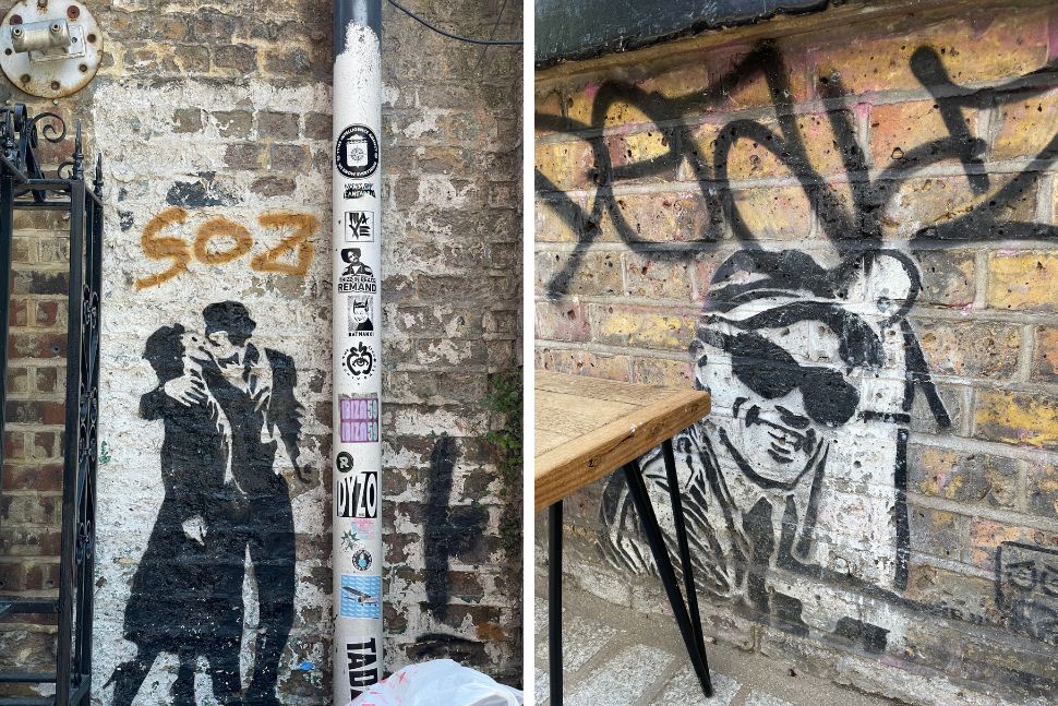 גרפיטי על הקירות בשורדיץ' ככה נראה מרחב ציבורי עם יצירות על קירות, תמרורים וכחלק מהנוף הסביבתי