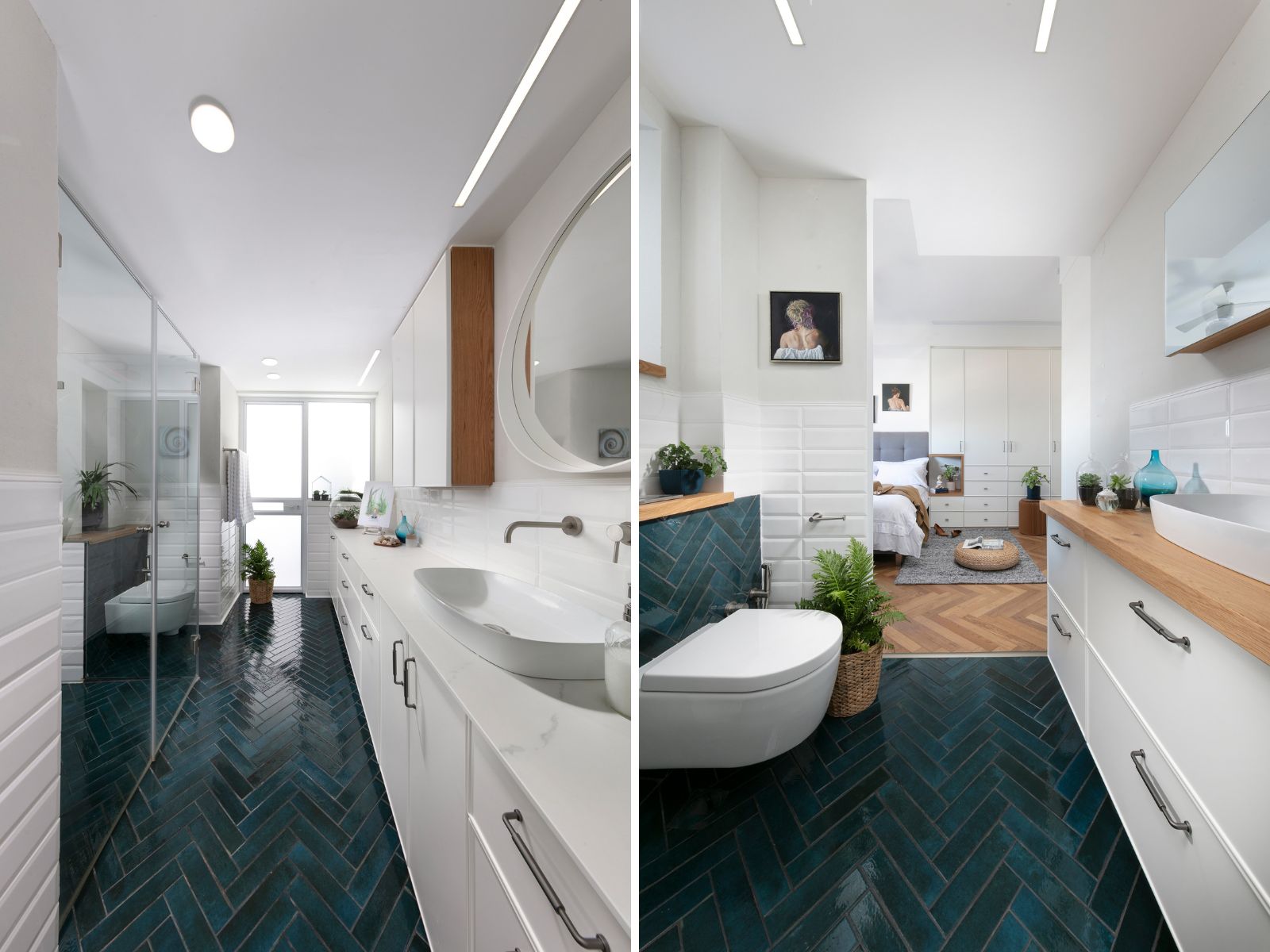 רצפה כחולה בחדר הרחצה