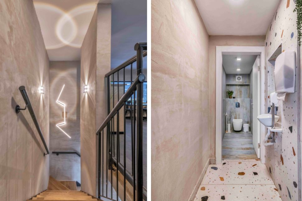 שירותים ומדרגות בפיצרייה