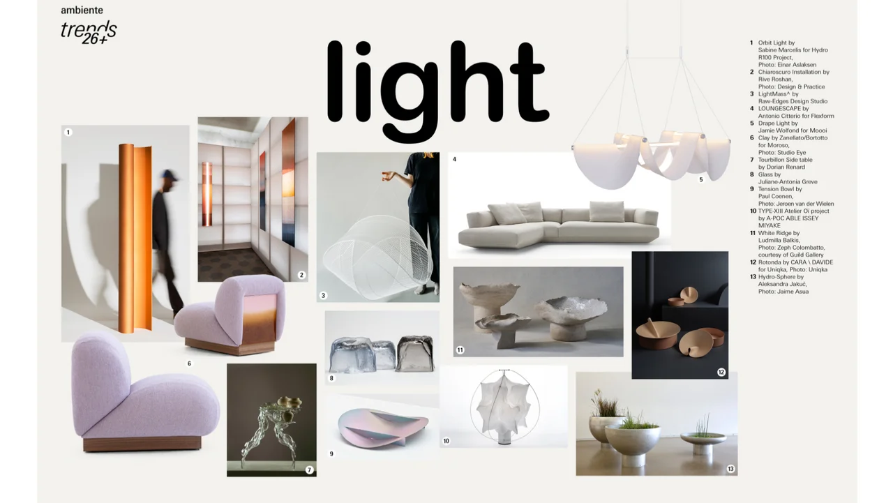 קולאז׳ טרנדים בעיצוב פנים בנושא תאורה עם גופי תאורה פיסוליים, ריהוט רך וחומרים שקופים ובהירים