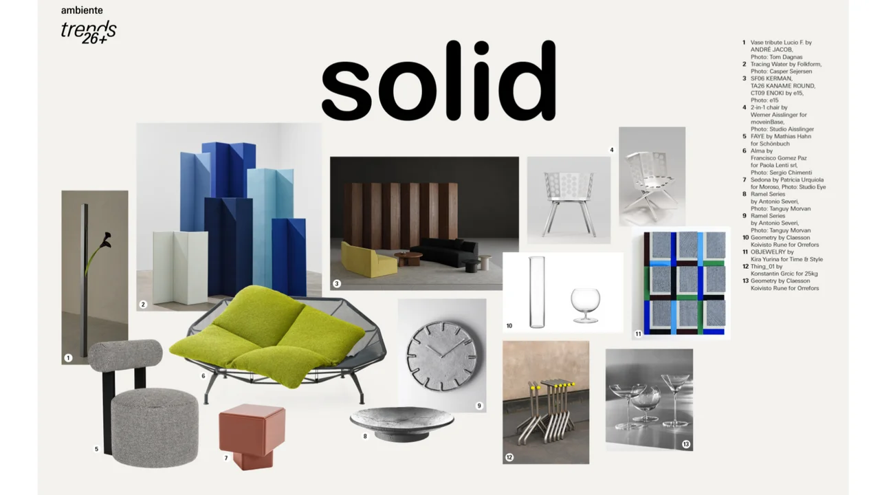 קולאז׳ טרנדים בעיצוב פנים בסגנון מודרני עם ריהוט גיאומטרי, גווני כחול וירוק וטקסטורות נקיות